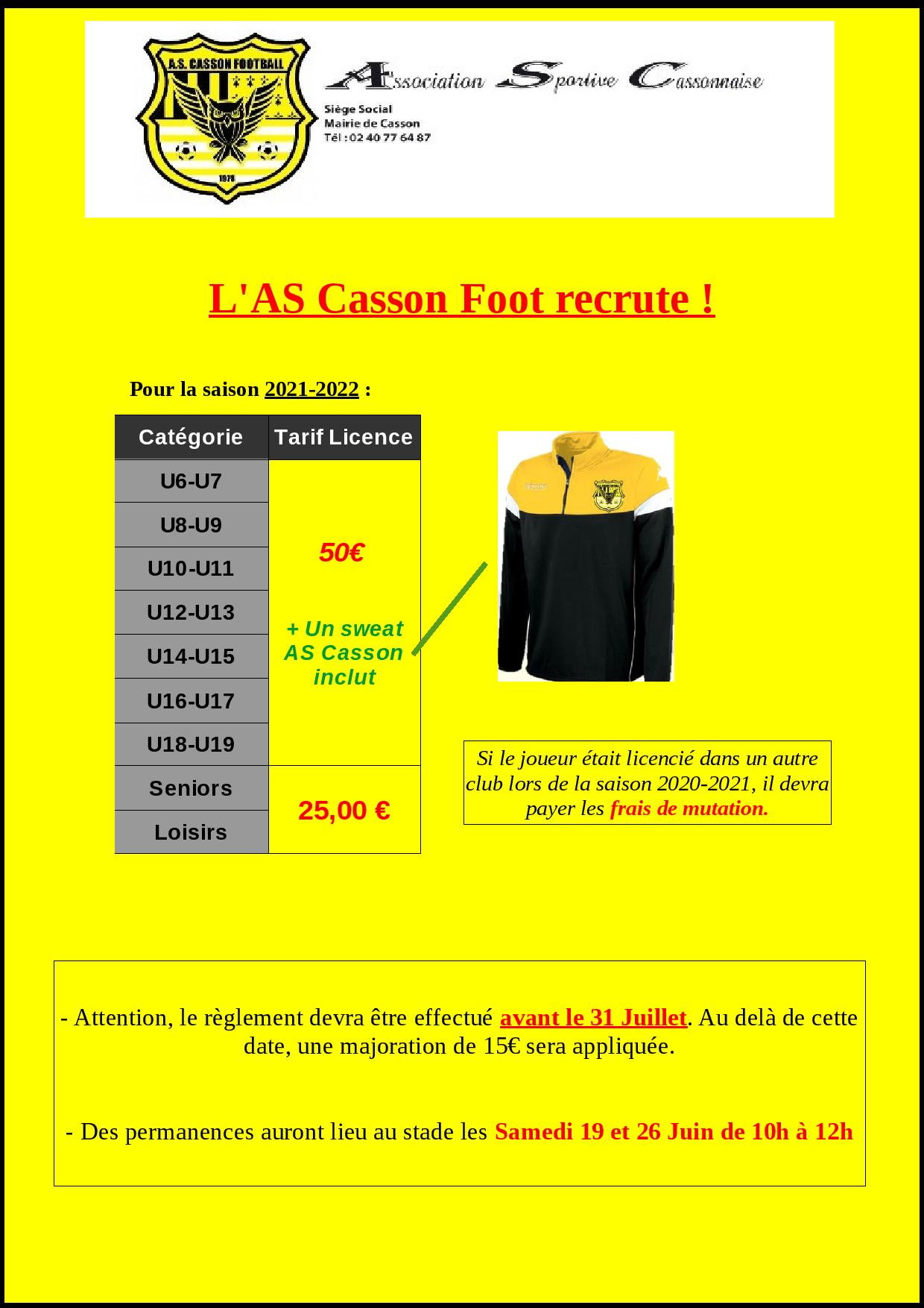 Actualité Recrutement Saison 2021 2022 Club Football As Casson Football Footeo 1959